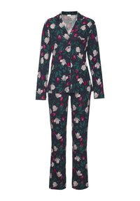 Floral print pyjama set in donkerblauw, met lange mouwen, een knoopsluiting shirt en bijpassende broek met een comfortabele pasvorm en levendige bloemenpatronen.
