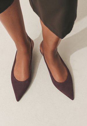 Persona che indossa ballerine slingback viola scuro con punta appuntita, in piedi su un pavimento chiaro con una gonna scura visibile.