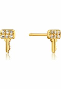 Guld-tone stud øreringe formet som nøgler, udsmykket med seks klare ædelsten på hver nøglehoved, der har et enkelt stiftpostdesign.