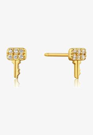 Guld-tone stud øreringe formet som nøgler, udsmykket med seks klare ædelsten på hver nøglehoved, der har et enkelt stiftpostdesign.