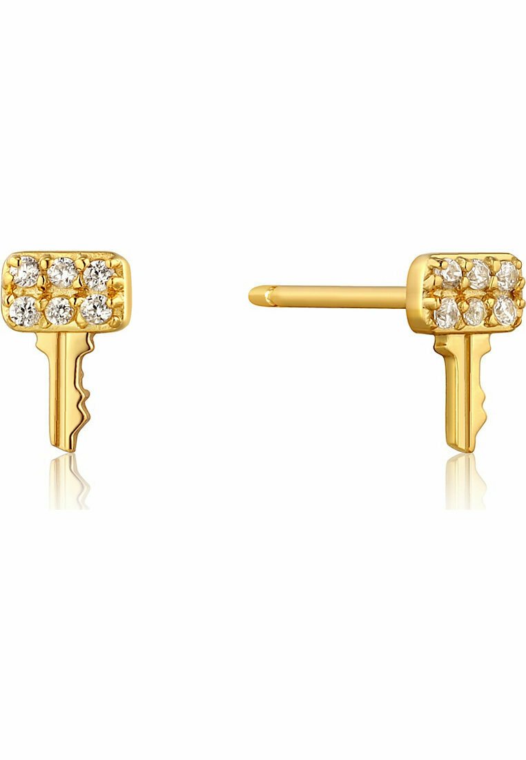 Guld-tone stud øreringe formet som nøgler, udsmykket med seks klare ædelsten på hver nøglehoved, der har et enkelt stiftpostdesign.