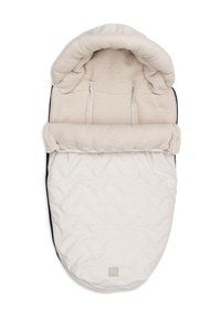 Zachte, crèmekleurige voetenzak voor baby's met een pluchen voering, capuchon en verstelbare openingen voor gebruik in de kinderwagen of autostoel in koud weer.