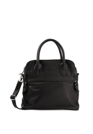 Schwarze Lederhandtasche mit doppelten Griffen und einem abnehmbaren Schulterriemen. Verfügt über ein Reißverschluss-Hauptfach und eine Fronttasche.