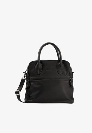 Schwarze Lederhandtasche mit doppelten Griffen und einem abnehmbaren Schulterriemen. Verfügt über ein Reißverschluss-Hauptfach und eine Fronttasche.