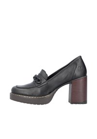 Mocassins à talons hauts en cuir noir avec un bout arrondi et une sangle décorative. Dotés d'un chunky talon en bois et d'une semelle extérieure crantée pour une meilleure adhérence.