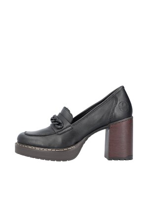 Black leather high-heeled loafers with a rounded toe and decorative strap. Feature a chunky wooden block heel and treaded outsole for grip.