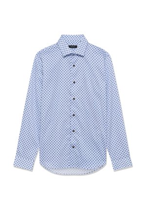 Heledsinine pika varrukaga nööbiga särk tumeda sinise väikese geomeetrilise mustriga ja terava kraega, laotatud tasasele valgele taustale.