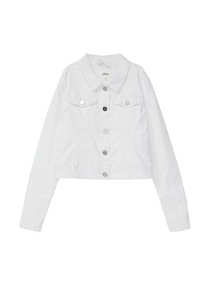 Weiße Jeansjacke mit silbernen Knöpfen, zwei Brustklappentaschen und langen Ärmeln, flach auf weißem Hintergrund liegend.