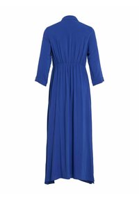 Mėlyna maxi suknelė su apykakle, ilgomis rankovėmis ir susiraukšlėtu juosmeniu. Pagaminta iš lengvo audinio, su skirtinga siluetu ir sklandžia tekstūra.