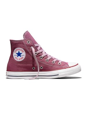 Zapatilla Converse All Star de caña alta en color malva con cordones blancos, suela de goma blanca y parche con logo de estrella azul en el tobillo.