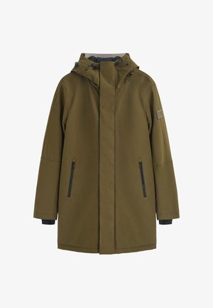 Olive green waterproof coat with a hood, featuring a front zipper, side zippered pockets, and a logo patch on the left sleeve.