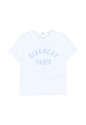 Biała koszulka dla niemowląt lub małych dzieci z krótkim rękawem z napisem "GIVENCHY PARIS" w jasnoniebieskim kolorze z przodu oraz zatrzaskami z tyłu przy kołnierzu.