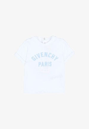 T-shirt blanc à manches courtes pour bébé ou tout-petit avec l'inscription "GIVENCHY PARIS" en texte bleu clair sur le devant et boutons pression au col arrière.