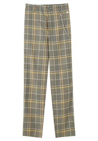 Spodnie w kratę w kolorze szarym, czarnym i żółtym. Posiadają detal w postaci łańcucha oraz luźny krój. Wykonane z teksturowanej tkaniny z szlufkami na pasek.