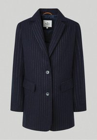 Navy blue pinstripe blazer with notch lapels, two front buttons, flap pockets, and a straight, slightly oversized fit.