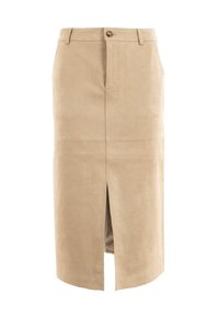Jupe midi en suédine beige avec fente avant, fermeture à boutons, passants de ceinture et poches latérales.