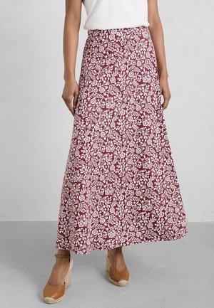 Falda maxi en burdeos con un patrón floral blanco, diseño acampanado, hecha de tela ligera, con una cintura ajustada y corte hasta el tobillo.