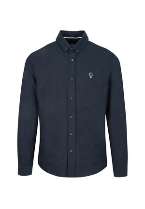 Camicia a maniche lunghe blu navy in tessuto morbido, con colletto a punta, bottoni davanti e piccolo logo ricamato sul petto.