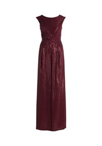 Robe bordeaux longue jusqu'au sol avec un corsage ajusté, détail torsadé à la taille et texture pailletée sur l'ensemble. Design sans manches avec un col rond.