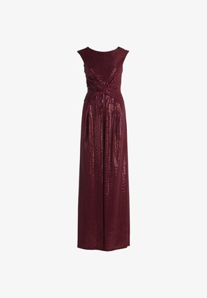 Burgunderfarbenes bodenlanges Kleid mit tailliertem Oberteil, drehendem Detail an der Taille und durchgehendem Paillettenmaterial. Ärmelloses Design mit Rundhalsausschnitt.