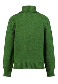 Groene chunky gebreide coltrui met lange mouwen, geribde manchetten en onderkant, weergegeven vanuit de achterkant.