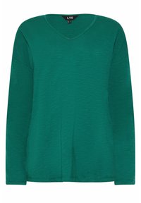 Vihreä pitkähihainen T-paita V-päällä, valmistettu kevyestä kankaasta, siinä on rento istuvuus ja ommeltu helma.