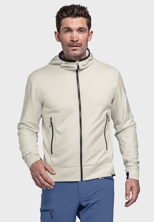 Light grey zip-up hoodie with black accents, featuring a high collar, two side zip pockets, and textured fabric for breathability.