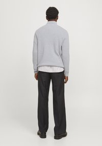 Man in een lichtgrijze trui, gestreept shirt, zwarte broek en zwarte schoenen, staand met zijn rug naar de camera tegen een effen achtergrond.