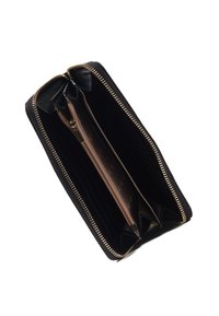Svart läderplånbok med gyllene dragkedja. Insidan har flera kortfack och ett centralt blixtlåsfack i en kontrasterande tan-färg.