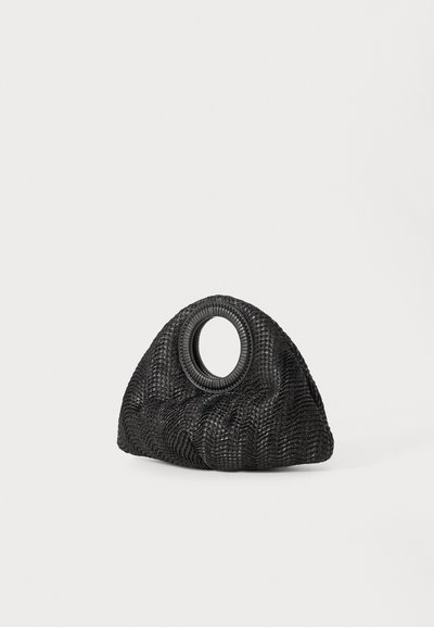 Black woven handbag with a unique triangular shape, featuring a circular cut-out handle and textured surface accents.