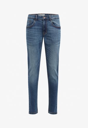 Blue denim jeans with a slim fit, five-pocket design, subtle fading, and contrast stitching. Features a button closure and belt loops.