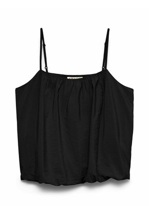 Zwart mouwloos loszittend hemdje met verstelbare dunne schouderbandjes en geplooide halslijn.