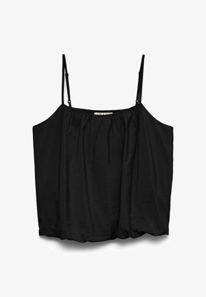 Zwart mouwloos loszittend hemdje met verstelbare dunne schouderbandjes en geplooide halslijn.
