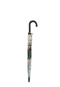 Transparent umbrella with a black hook handle, featuring a colorful printed design. Material appears lightweight with a smooth texture.