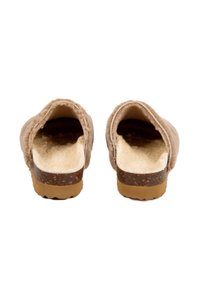 Sabots en laine marron avec une doublure intérieure douce, un design à dos ouvert et une semelle texturée, dotés d'une plateforme en liège de couleur claire.