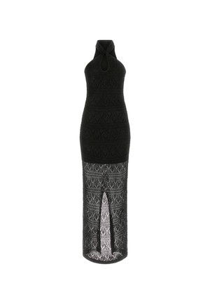Black halter neck dress featuring a textured lace design, a keyhole cutout, and a fitted silhouette, with a sheer lace lower section.