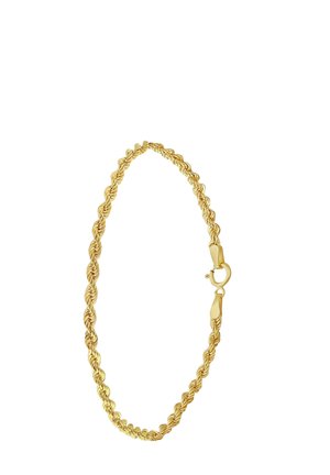 Gouden gedraaide schakelarmband met een kreeftsluiting, met een gevlochten ontwerp en een glad, gepolijst oppervlak. De totale lengte is verstelbaar.