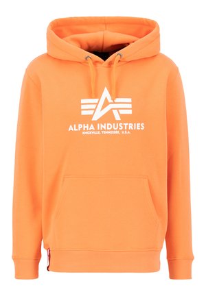 Orange hoodie med snøre, frontlomme og hvidt logo. Lavet af blødt stof, med ribbet manchetter og kant.