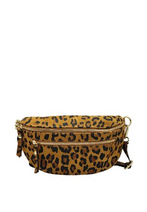 Banane en daim marron et noir à imprimé léopard avec des accessoires en or, comportant deux compartiments zippés et une sangle réglable.