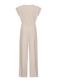 Beige jumpsuit met een ontspannen pasvorm, korte mouwtjes, elastische taille en wijde benen. Gemaakt van een textuurstof, met zijzakken.
