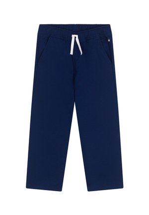 Pantalon décontracté bleu marine avec taille élastique et lien blanc, poches avant et petite étiquette logo sur le côté droit.