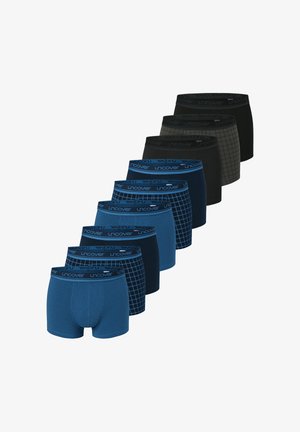 Sæt med herreboxershorts i forskellige nuancer af blå og sort. Modellerne har elastiske linninger med logo og forskellige mønstre som tern og nettekstrukturer.
