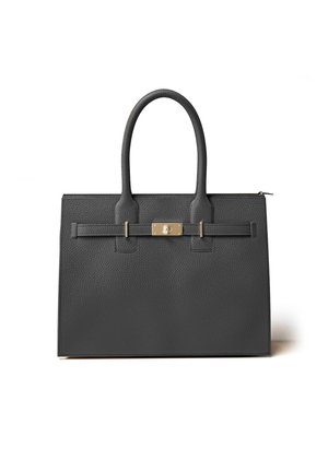 Gray pebbled leather handbag with dual handles, rectangular shape, gold-tone hardware, and flat straps. Features a zip closure and decorative accents.