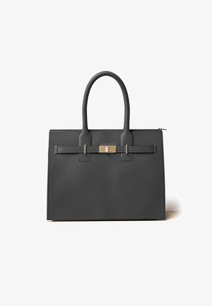 Gray pebbled leather handbag with dual handles, rectangular shape, gold-tone hardware, and flat straps. Features a zip closure and decorative accents.