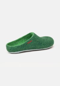 Pantofole verdi in feltro con una consistenza morbida, design aperto sul retro e suola grigia sottile. Presentano il logo rosso "magicGrü" sul lato esterno.