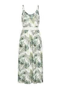 Robe maxi blanche sans manches avec imprimé de feuilles et fleurs tropicales vertes, encolure dégagée et détail en dentelle à la taille.