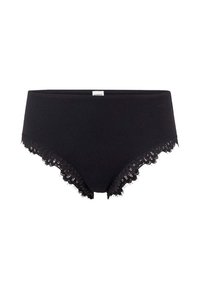 Zwarte katoenen high-waisted slips met kanten randaccenten langs de beenopeningen en een zachte, gladde textuur. Minimalistisch ontwerp zonder extra patronen.