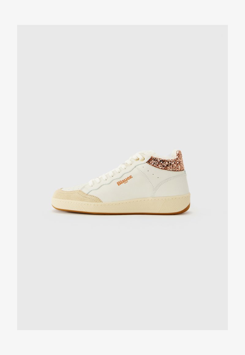 White mid-top sneaker with a textured sole. Features a sparkling rose-gold collar, beige accents, and a circular logo in orange.