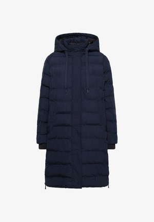 Cappotto invernale lungo imbottito di colore blu scuro, con cappuccio, zip anteriore e bottoni a pressione, cordini di regolazione e tasche laterali.