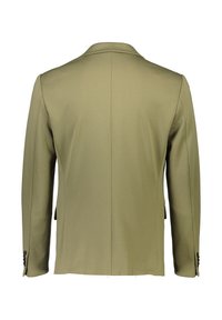 Olivenfarbener Blazer mit glatter Textur, mit einem Schlitz hinten, zwei seitlichen Taschen und schwarzen Knöpfen an den Ärmeln.